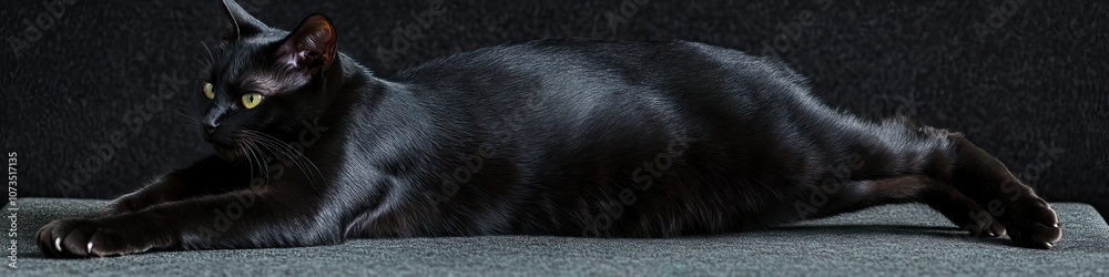 A sleek black cat stretches on a mat, showcasing its toned muscles. A sleek black cat stretches on a mat, showcasing its toned muscles.