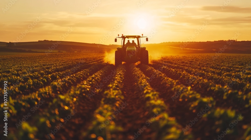 A tractor drives through expansive crop fields during sunset, symbolizing the hard work and beauty of rural farming life. A tractor drives through expansive crop fields during sunset, symbolizing the hard work and beauty of rural farming life.