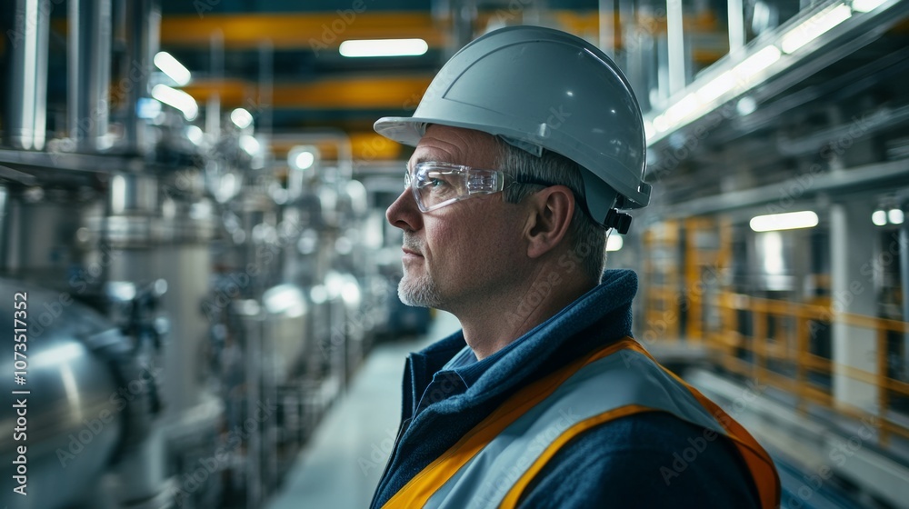 Profile view of an industrial engineer wearing safety gear, attentively inspecting operations inside a modern manufacturing facility with advanced machinery. Profile view of an industrial engineer wearing safety gear, attentively inspecting operations inside a modern manufacturing facility with advanced machinery.