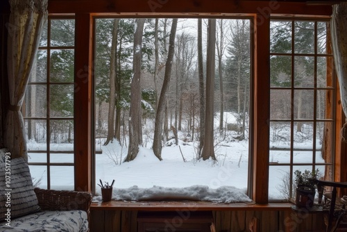 Window View of a Snowy Fore...