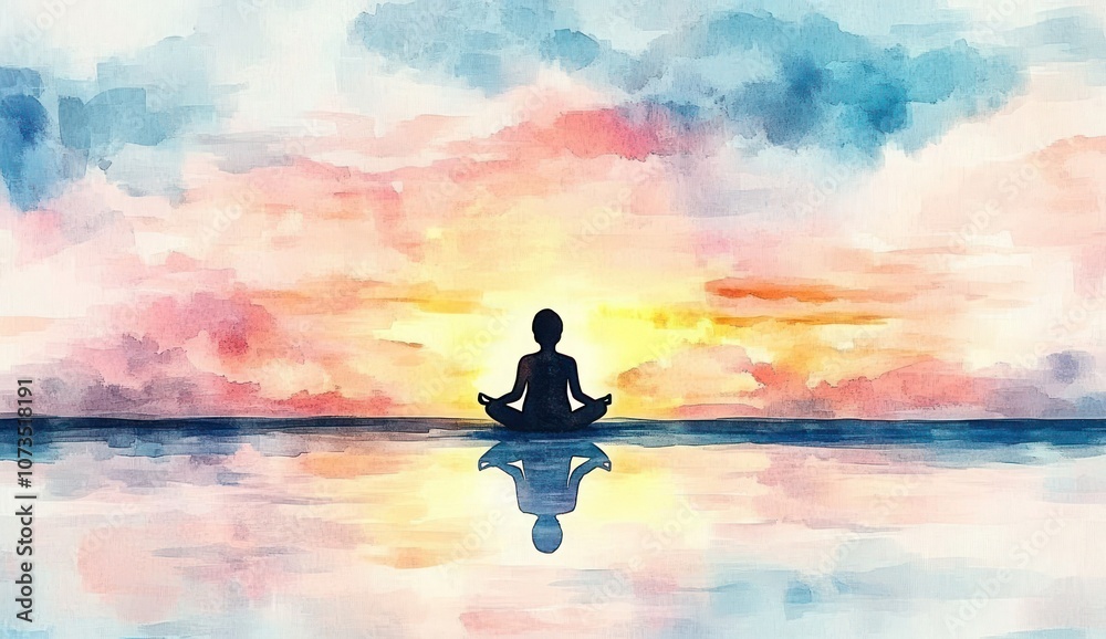 Serene Sunrise Meditation: Watercolor Illustration of Person in Lotus Position on Beach with Soft Lighting, Tranquil Mood, and Dreamy Landscape Serene Sunrise Meditation: Watercolor Illustration of Person in Lotus Position on Beach with Soft Lighting, Tranquil Mood, and Dreamy Landscape