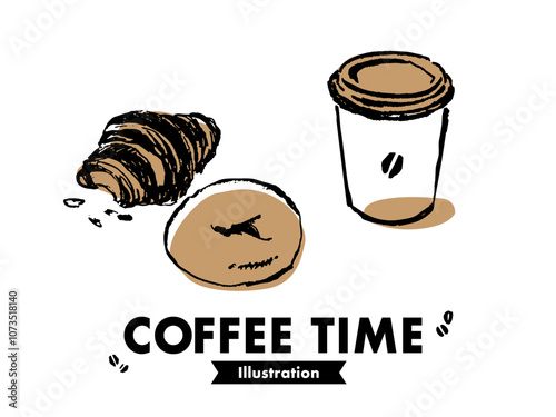 コーヒーと軽食のイラスト。シンプルな手書きイラスト。