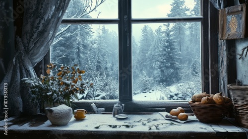 Snowy Windowsill with a Vie...