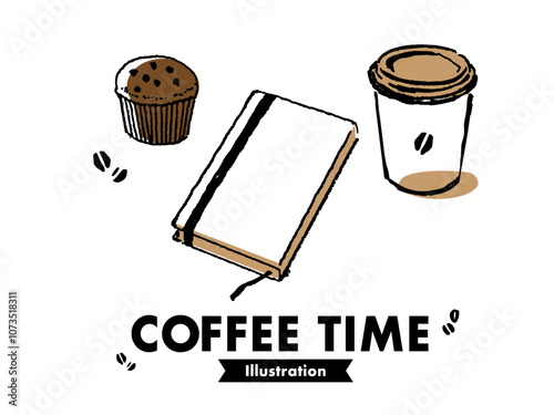 コーヒーのとマフィン、メモ帳のイラスト