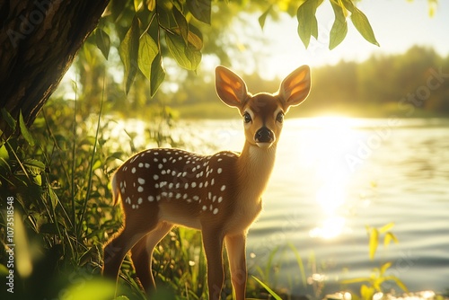 A young fawn stands gracefully by the lake amidst colorful autumn foliage in a serene park on a sunny day photo