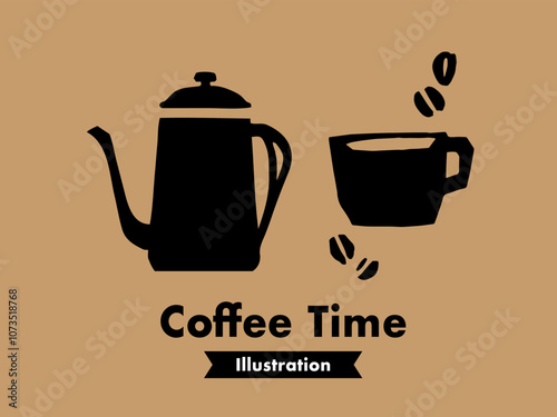 シンプルでレトロなコーヒーのイラスト。コーヒーポットとコーヒーカップ。