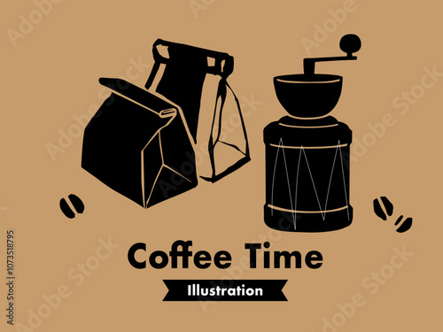 シンプルでレトロなコーヒーのイラスト。コーヒー豆とコーヒーミル。