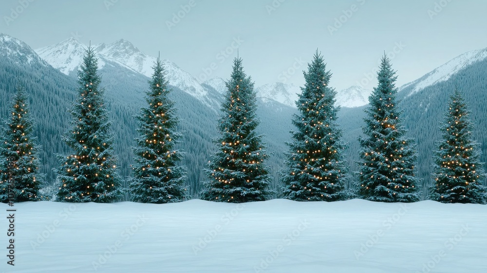 A serene winter landscape featuring snow-covered mountains and a row of beautifully decorated evergreen trees.