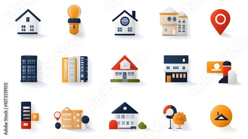 Comprehensive Set of Real Estate Icons Depicting Property Buying Selling and Renting Processes Including House Apartment Mortgage and Other Related Symbols photo