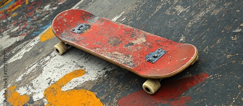 A worn red skateboard on a grunge painted surface with wheels facing the camera.