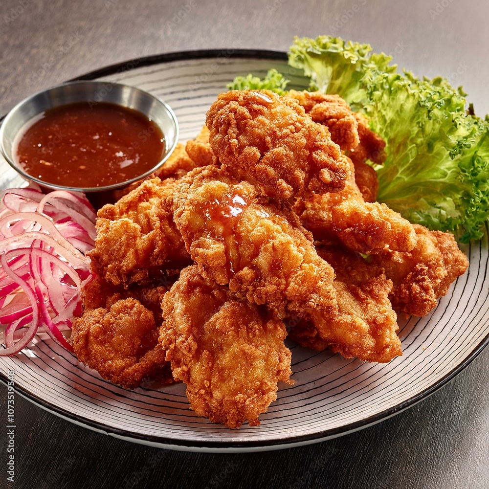 chicken karage with a glossy sauce, served with sides like pickled radish chicken karage with a glossy sauce, served with sides like pickled radish
