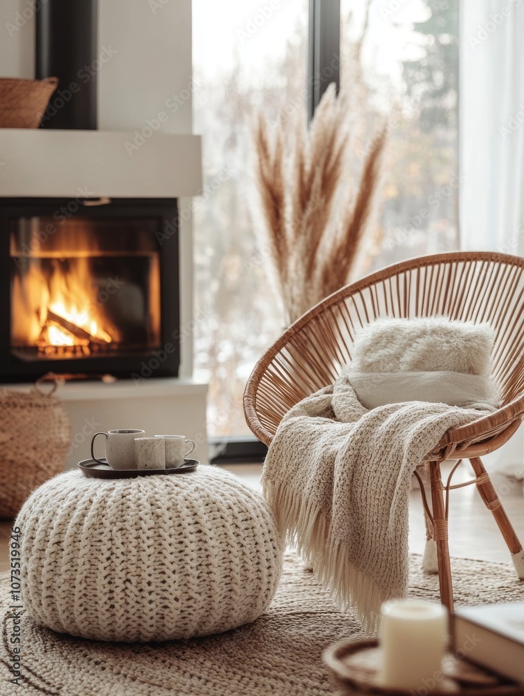 Fototapeta premium Cozy Living Room with Wicker Chair, Knitted Ottoman, and Fireplace