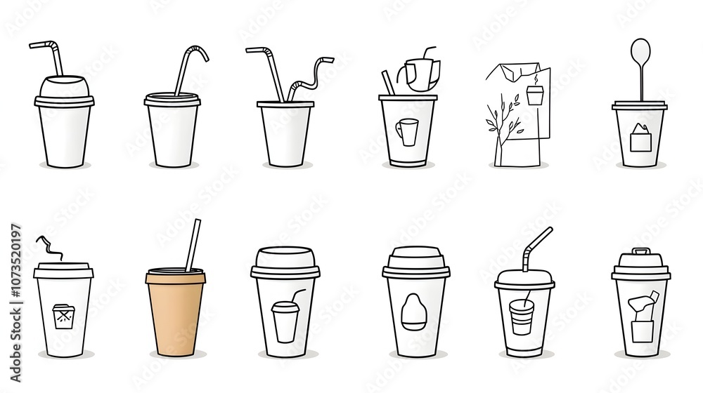 Minimalist of Disposable Coffee Cups Lids and Straws on a Clean White Background Graphic Icons Representing Takeaway Drinks Caffeinated Beverages and Fast Food Refreshments Minimalist of Disposable Coffee Cups Lids and Straws on a Clean White Background Graphic Icons Representing Takeaway Drinks Caffeinated Beverages and Fast Food Refreshments