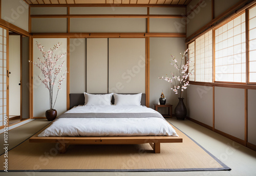 A serene Japanese bedroom with tatami flooring, a low futon bed with a linen duvet and sliding paper doors that let in natural light. The walls are painted in a calming light grey and a single cherry 