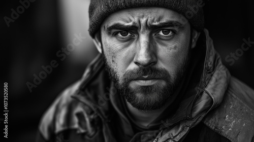 Distressed man with dark hair and beard looking angry or upset