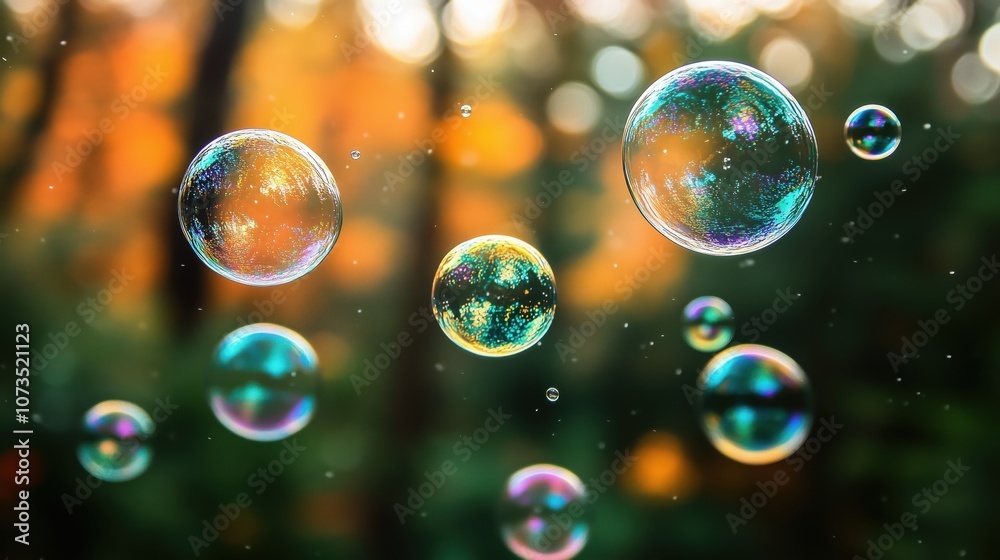 Beautiful bubbles drifting through a green forest, capturing sunlight and creating rainbow reflections. Beautiful bubbles drifting through a green forest, capturing sunlight and creating rainbow reflections.