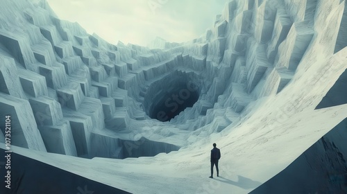 A Man Stands Before a Giant Hole in a Geometrically Patterned, White, Crystalline Landscape