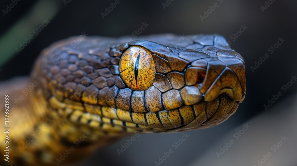 Close-up of a snake's head, showcasing its intricate scales and piercing yellow eye.