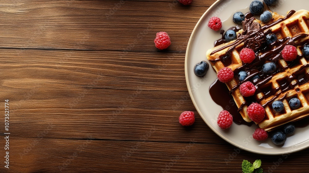 Delicious Waffle with Berries and Chocolate Sauce Delicious Waffle with Berries and Chocolate Sauce