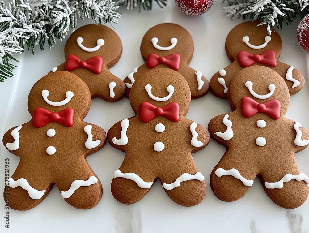 6 gingerbread man cookies, decorated with icing and bow ties, on a white background, high-resolution photo, high detail. 6 gingerbread man cookies, decorated with icing and bow ties, on a white background, high-resolution photo, high detail.