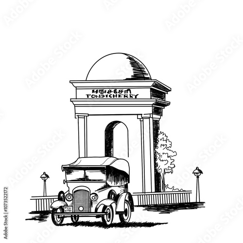 Pondicherry Illustration png black and white, pencil art drawing
