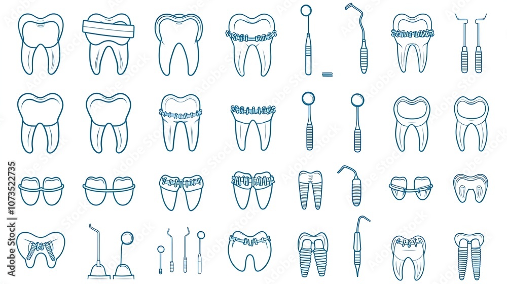 Dental Care Outline Icon Collection Featuring Mouthguard Implants and Braces Set of minimalist flat design symbols for oral health orthodontics and dental treatment procedures Dental Care Outline Icon Collection Featuring Mouthguard Implants and Braces Set of minimalist flat design symbols for oral health orthodontics and dental treatment procedures
