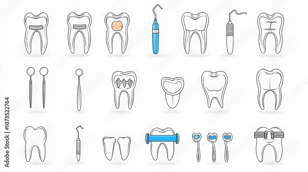 Outline icon collection featuring various dental care equipment and procedures including mouthguards dental implants braces and other orthodontic tools and symbols in a Outline icon collection featuring various dental care equipment and procedures including mouthguards dental implants braces and other orthodontic tools and symbols in a
