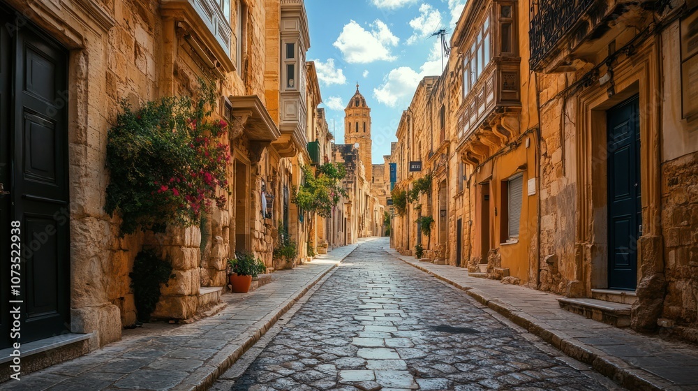 Obraz premium A cobblestone street in a historic European town with buildings on either side and a church tower in the distance.