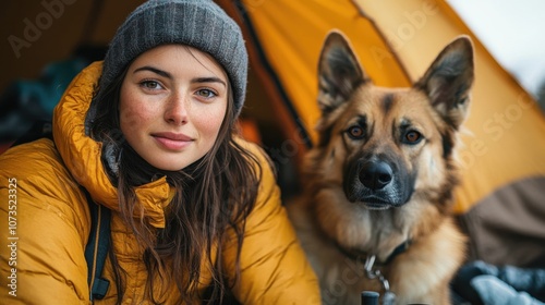 Young woman female tourist sits near a tent in a camp with a dog. Camping in the nature. Travel adventure tourism concept. #1073523325