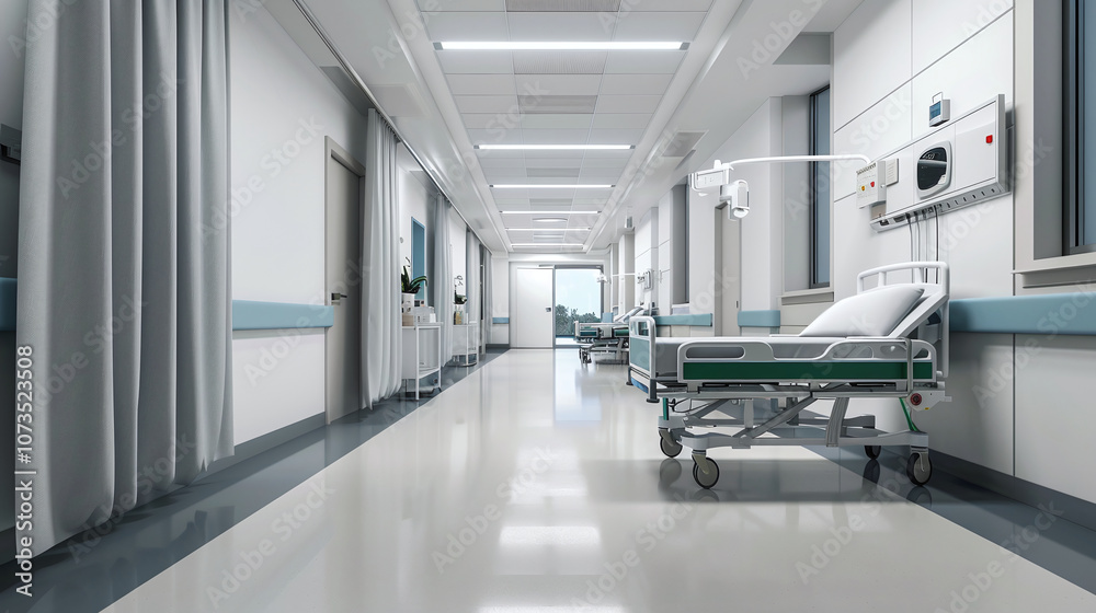 A modern hospital corridor with empty patient rooms and medical equipment visible during daytime, emphasizing cleanliness and readiness for patient care A modern hospital corridor with empty patient rooms and medical equipment visible during daytime, emphasizing cleanliness and readiness for patient care