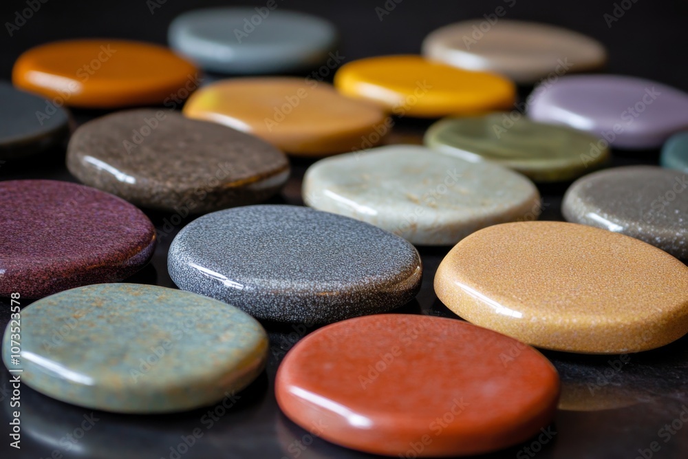 Neatly Arranged Flat Smooth Pebbles in Various Colors Neatly Arranged Flat Smooth Pebbles in Various Colors