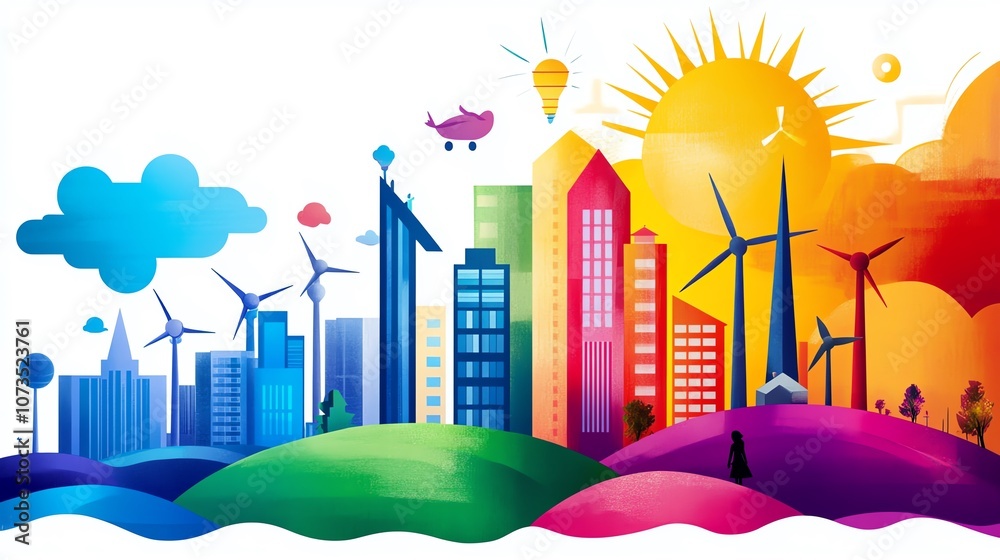 Fototapeta premium Colorful cityscape with wind turbines