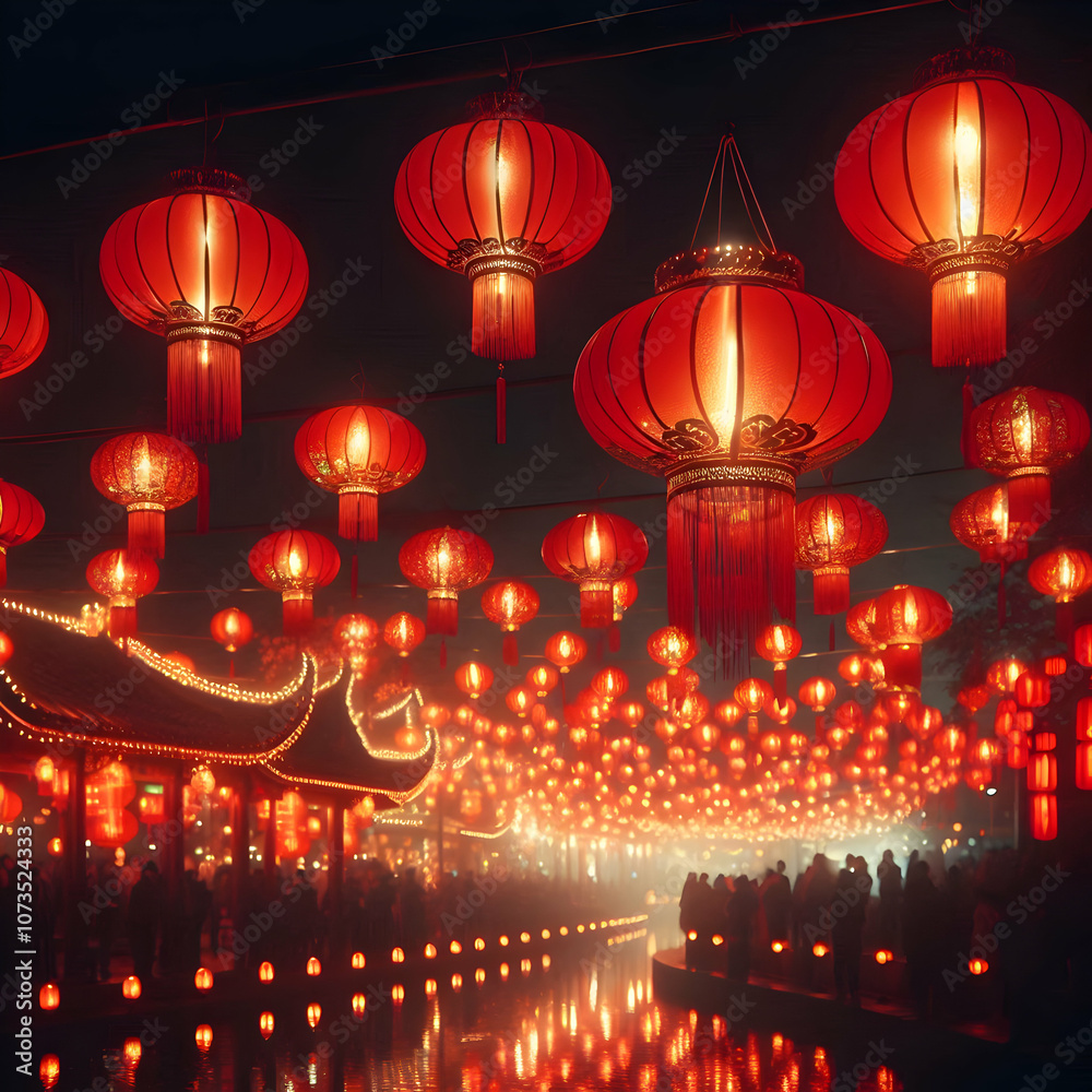 Red Lanterns in the Night concept as A scenic shot of red lanterns glowing brightly against a dark night sky creating an enchanting and festive atmosphere. Camera pans across the lanterns. in Photo S Red Lanterns in the Night concept as A scenic shot of red lanterns glowing brightly against a dark night sky creating an enchanting and festive atmosphere. Camera pans across the lanterns. in Photo S