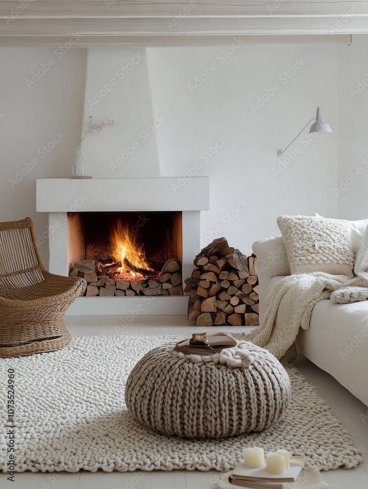 Naklejka premium Cozy Living Room with Fireplace, Knitted Rug, and a White Couch
