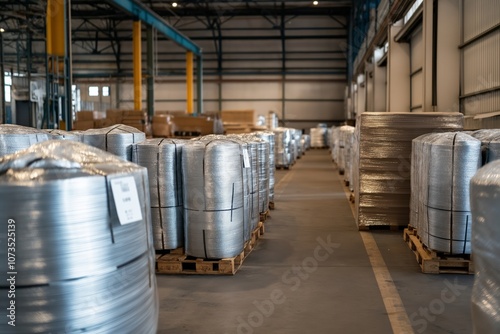 Industrial warehouse with stacked metal coils on pallets..