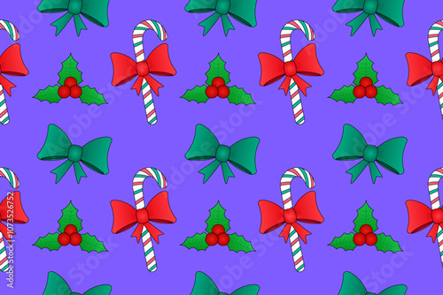 Festive seamless pattern with candy canes, holly, and bows. Perfect for Christmas wrapping paper, backgrounds, and holiday designs.