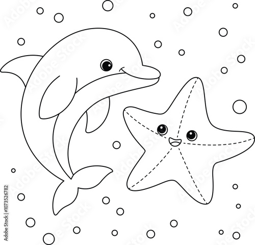 Cute Dolphin and Starfish Coloring Page for Kids. Funny sea  animal outline illustration