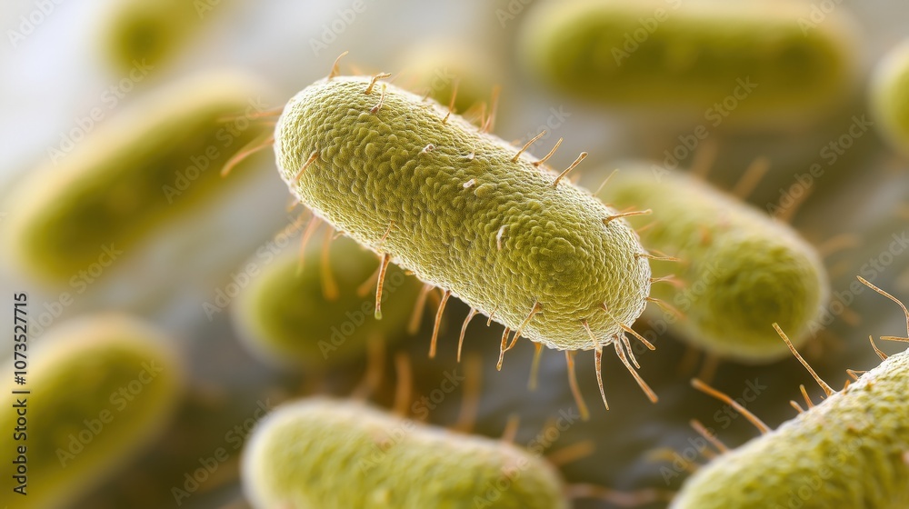 Fototapeta premium Detailed microscopic view of a bacterium, showcasing its textured surface and fine, hair-like protrusions.