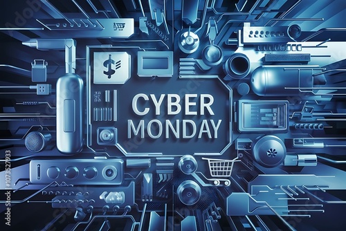 Abstract Cyber Monday wallpaper with tech and shopping symbols photo