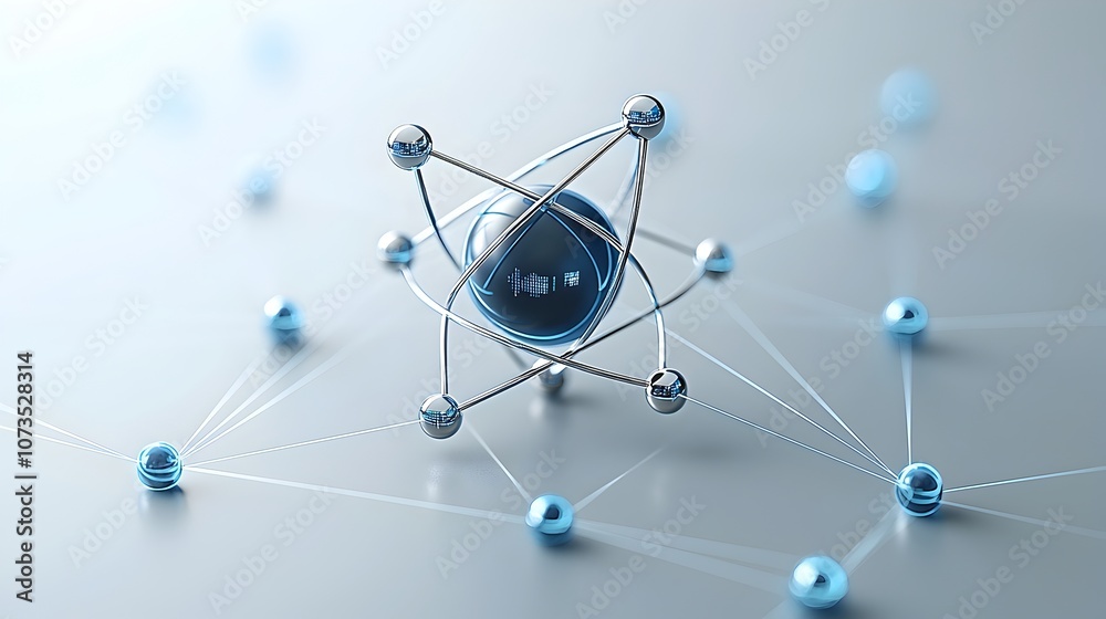 Stylish and modern atomic science concept featuring data nodes and connecting lines blending atomic structure with network technology for a futuristic and innovative design