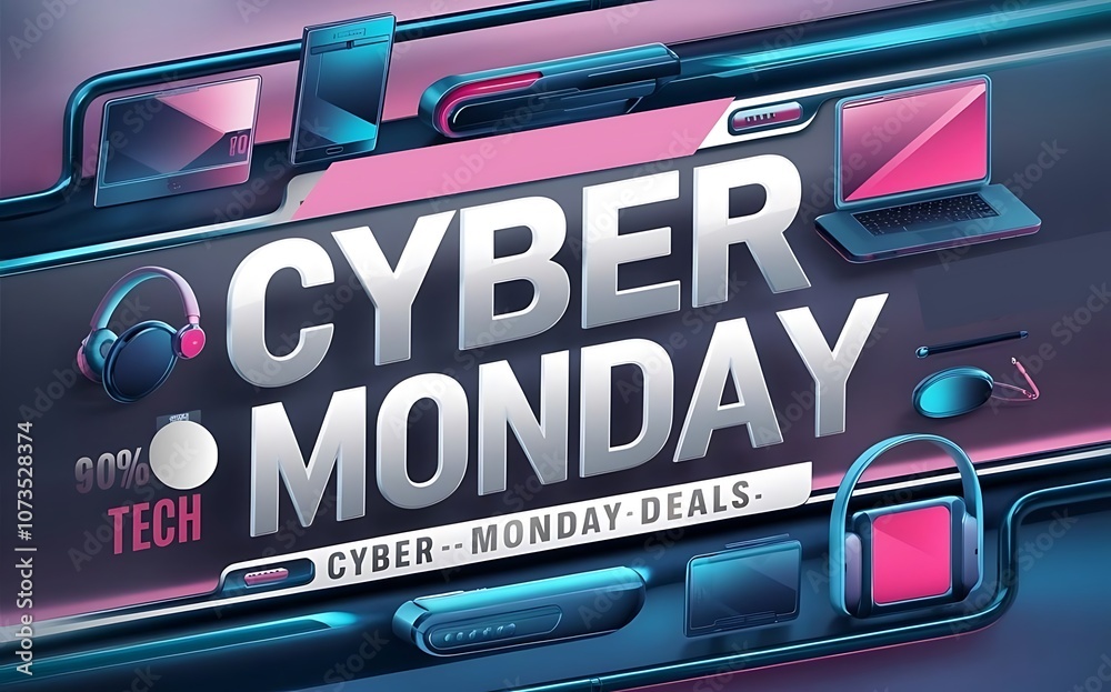 Fototapeta premium Cyber Monday deals banner with modern tech icons and sleek fonts
