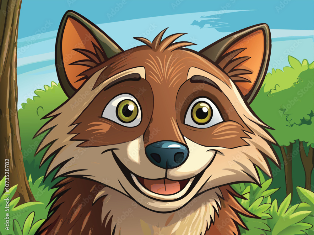 Obraz premium Horizontal portrait of face raccoon smile looking into camera in sunlit spring forest.eps
