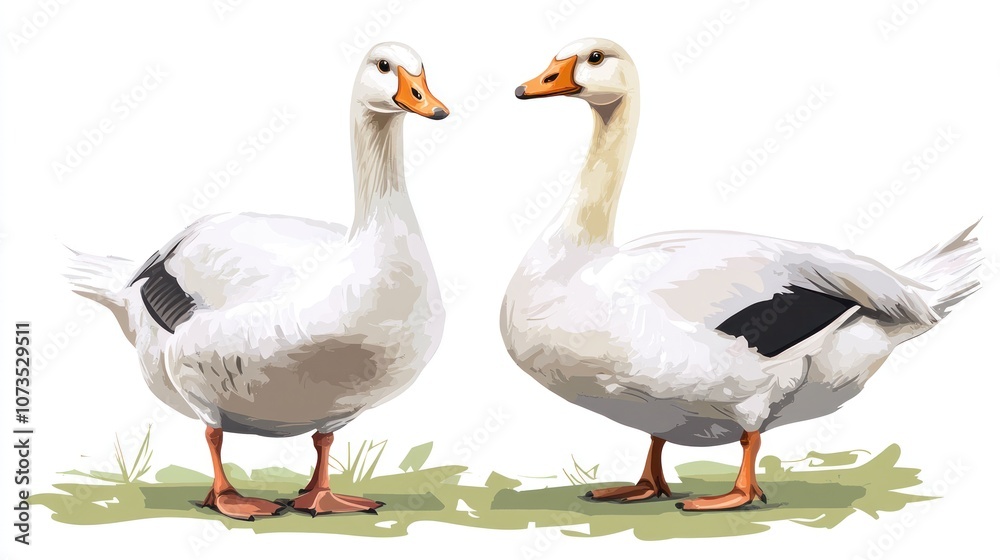 Two White Geese Standing on Green Grass Two White Geese Standing on Green Grass