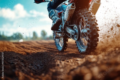 Close-up of dirt bike racing on muddy track photo