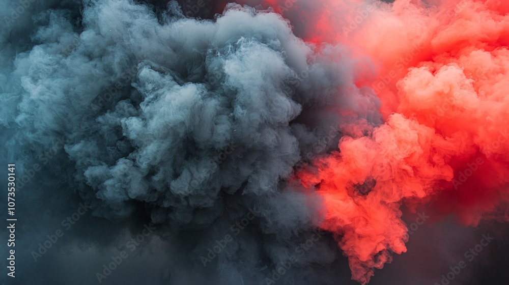 An intense display of contrasting smoke, swirling in shades of black and red, creating a dramatic and captivating visual effect in the atmosphere. An intense display of contrasting smoke, swirling in shades of black and red, creating a dramatic and captivating visual effect in the atmosphere.
