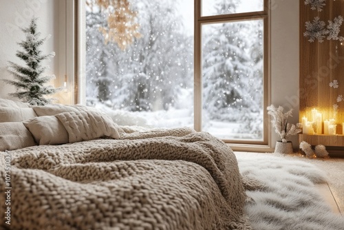 Cozy Bed with Winter View a...