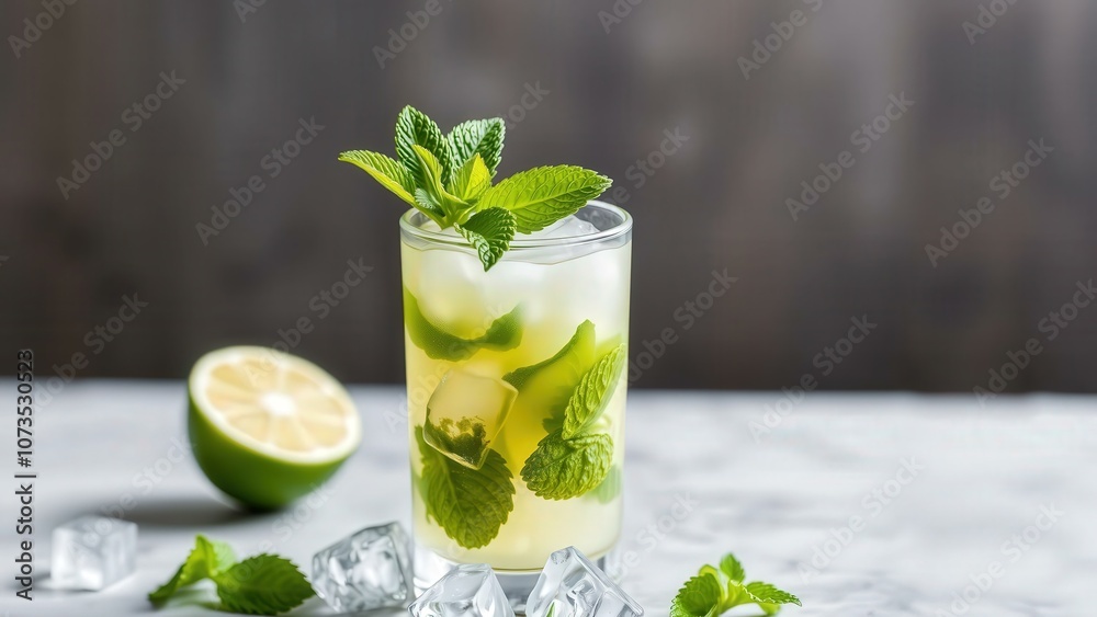 Fototapeta premium Refreshing Mint Mojito Cocktail with Lime and Ice Cubes, Perfect for Summer Parties and Relaxation
