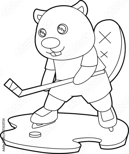 Canvas Print Beaver Ice hockey Ice hockey stick Animal Vector Graphic Art Illustration
