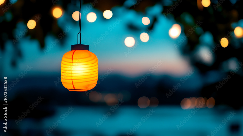 Fototapeta premium A glowing lantern hanging in the twilight, surrounded by soft bokeh lights, creating a warm and inviting atmosphere for evening gatherings.