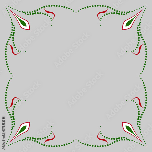 Ornamental floral square frame without text. Red, green, white plant elements on gray background. Floral ornate pattern vector illustration. Fantasy ethnic design element for decor textile, home, etc.